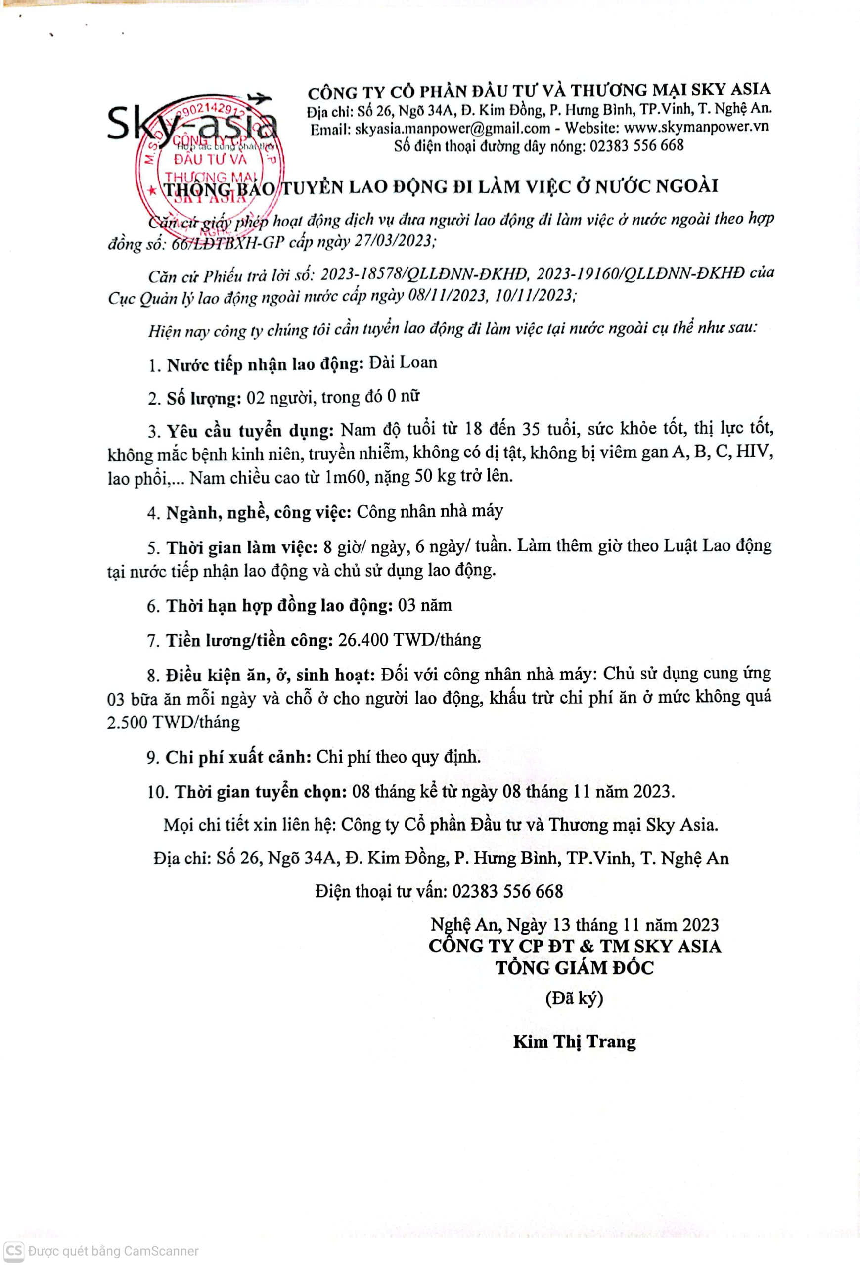  THÔNG BÁO TUYỂN LAO ĐỘNG LÀM VIỆC TẠI ĐÀI LOAN THÁNG 11/2023